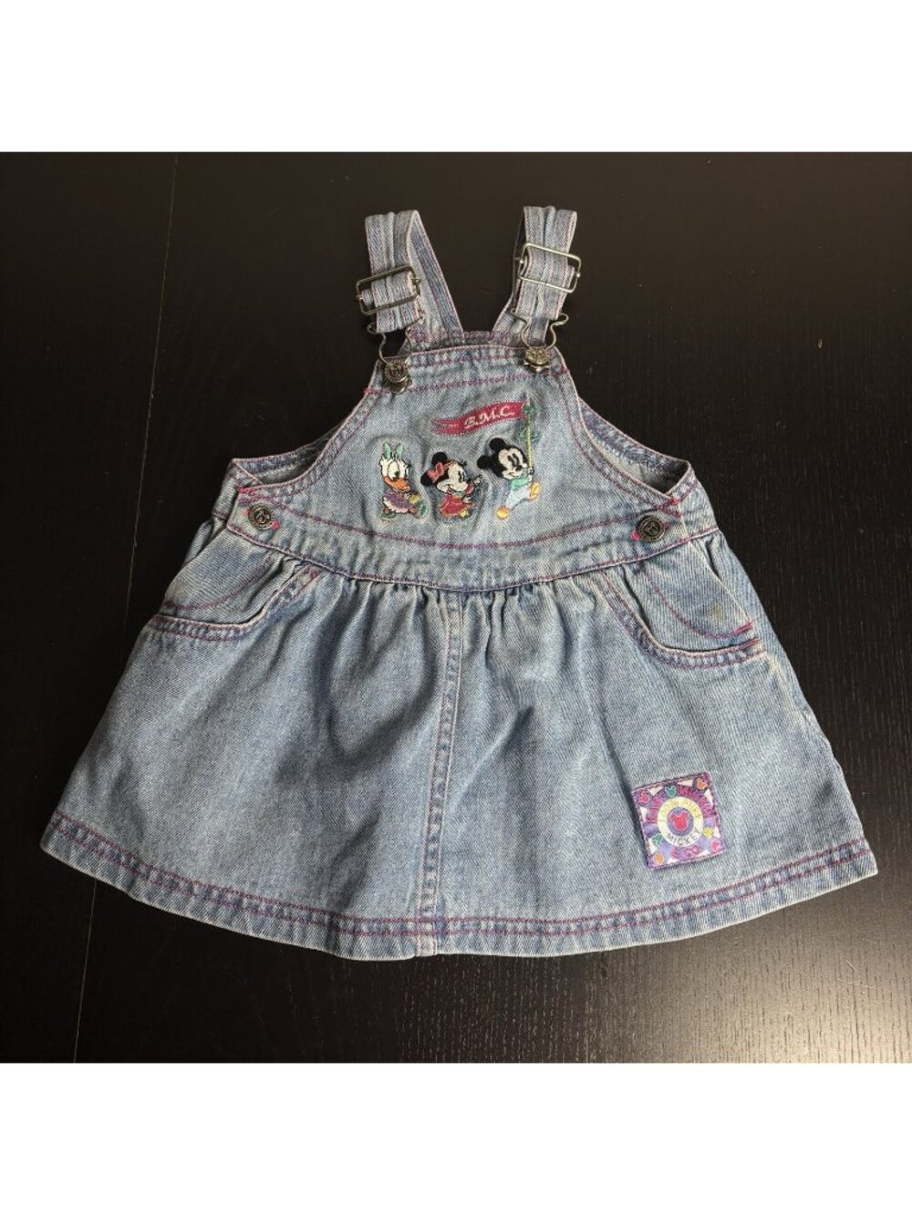 Vintage 90s BABY MICKEY & CO Baby Girl 12M Blue Denim Overall Dress Disney